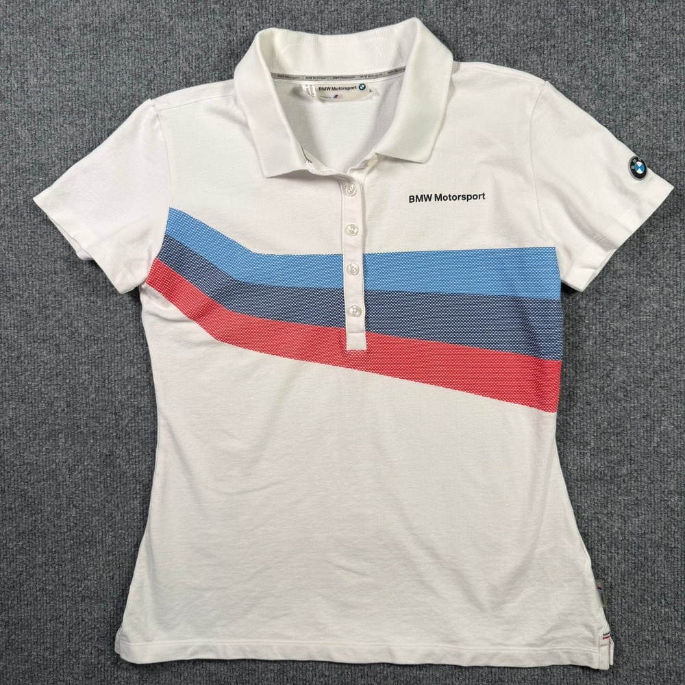 BMW Motorsport Polo Shirt Womens L White Racing M-Series Stripes Short Sleeve